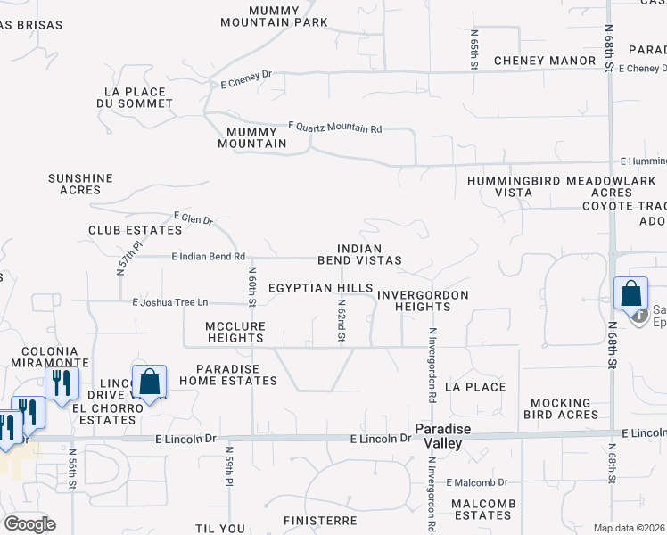 map of restaurants, bars, coffee shops, grocery stores, and more near 6132 East Indian Bend Road in Paradise Valley