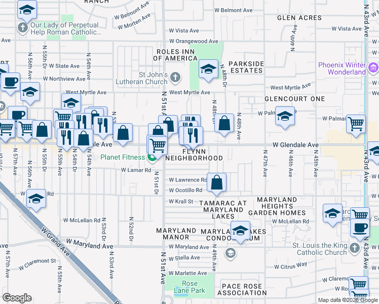 map of restaurants, bars, coffee shops, grocery stores, and more near in Glendale