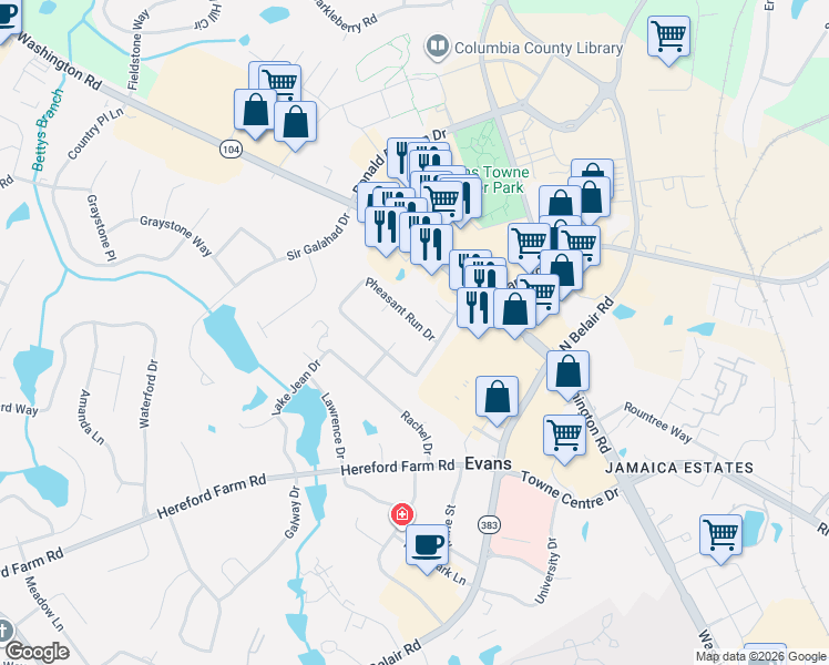 map of restaurants, bars, coffee shops, grocery stores, and more near 452 Pheasant Run Drive in Evans