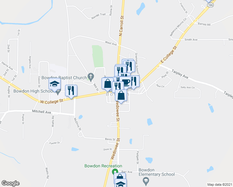 map of restaurants, bars, coffee shops, grocery stores, and more near 104 Wedowee Street in Bowdon