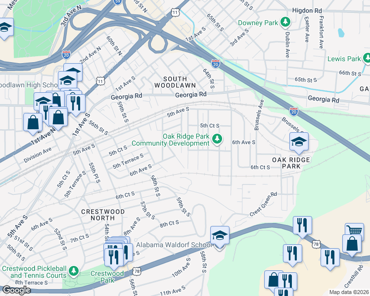 map of restaurants, bars, coffee shops, grocery stores, and more near 580 62nd Street South in Birmingham