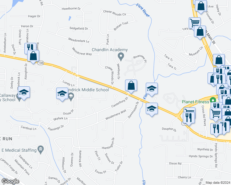 map of restaurants, bars, coffee shops, grocery stores, and more near 7930 Coventry Court in Jonesboro