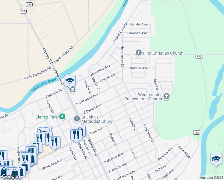 map of restaurants, bars, coffee shops, grocery stores, and more near 417-419 E Jeff Davis Ave in Greenwood