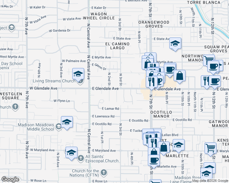 map of restaurants, bars, coffee shops, grocery stores, and more near 7002 North 3rd Street in Phoenix