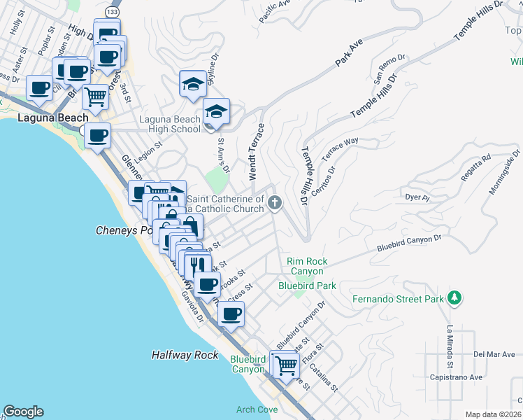 map of restaurants, bars, coffee shops, grocery stores, and more near 681 Seaview Street in Laguna Beach