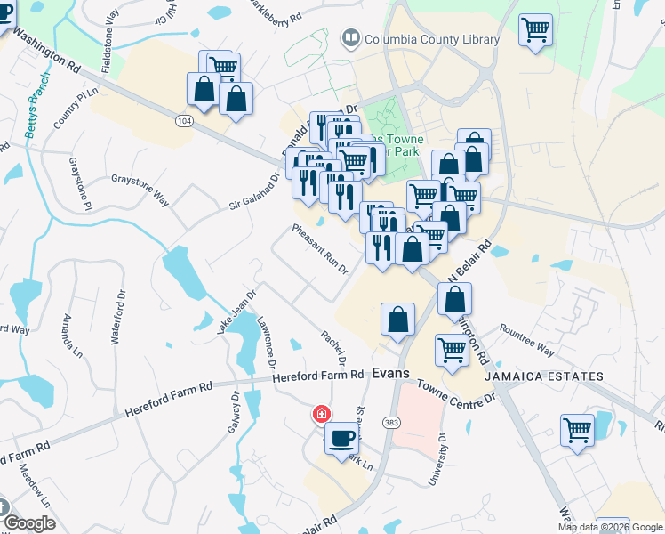 map of restaurants, bars, coffee shops, grocery stores, and more near 452 Pheasant Run Drive in Evans