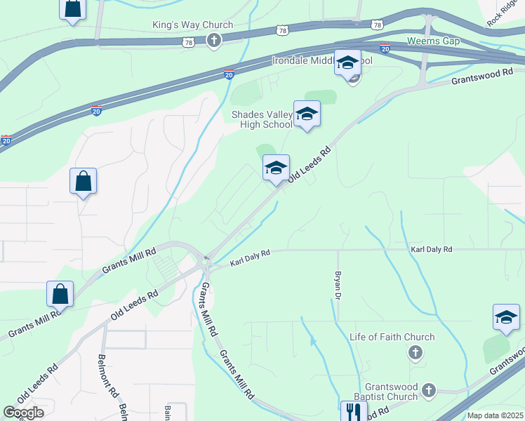 map of restaurants, bars, coffee shops, grocery stores, and more near 5889 Old Leeds Road in Irondale
