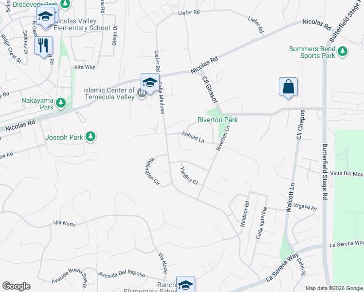 map of restaurants, bars, coffee shops, grocery stores, and more near 31272 Ashmill Court in Temecula