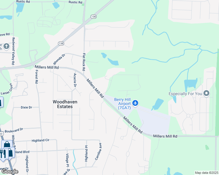 map of restaurants, bars, coffee shops, grocery stores, and more near Kittyhawk Drive in Stockbridge