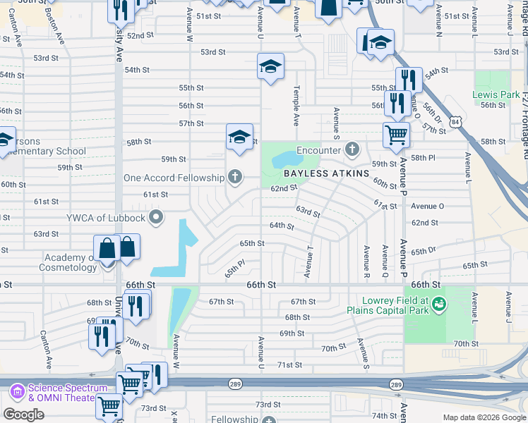 map of restaurants, bars, coffee shops, grocery stores, and more near 6206 Avenue U in Lubbock