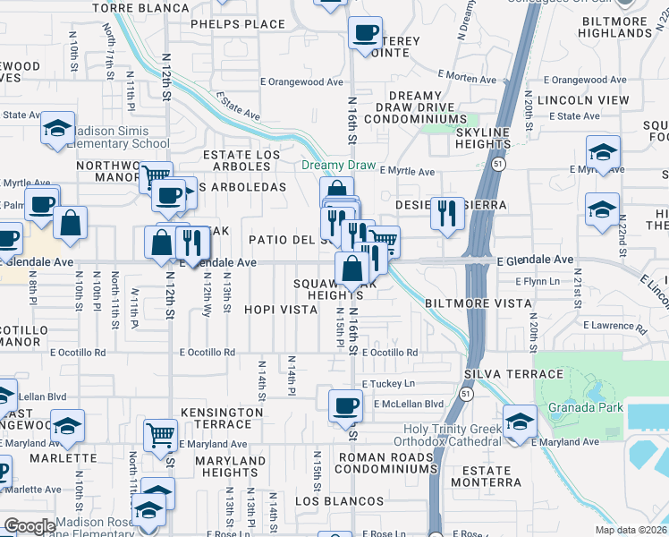 map of restaurants, bars, coffee shops, grocery stores, and more near 7005 North 15th Street in Phoenix