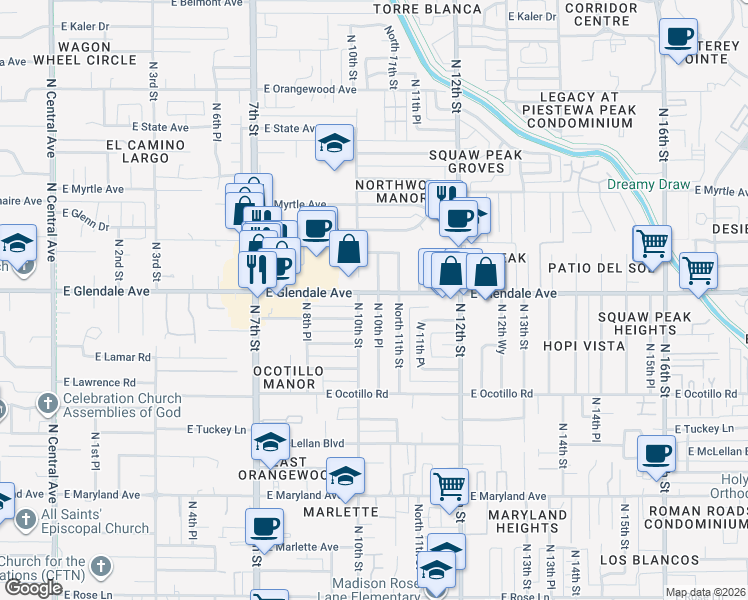 map of restaurants, bars, coffee shops, grocery stores, and more near 1002 East Glendale Avenue in Phoenix