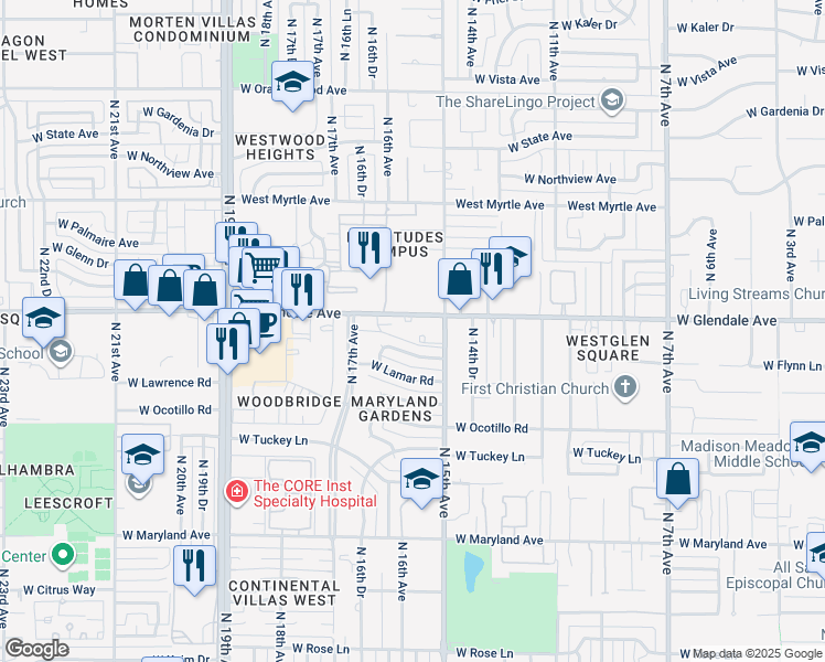 map of restaurants, bars, coffee shops, grocery stores, and more near 1526 West Glendale Avenue in Phoenix