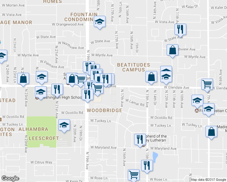 map of restaurants, bars, coffee shops, grocery stores, and more near 1 North 17th Drive in Phoenix