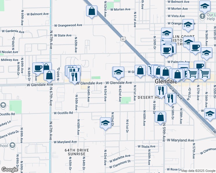 map of restaurants, bars, coffee shops, grocery stores, and more near 6217 West Glendale Avenue in Glendale