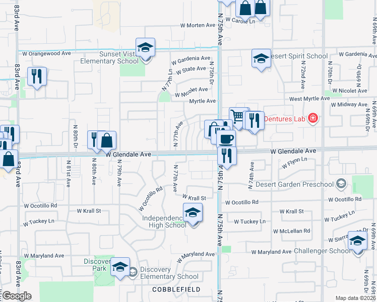 map of restaurants, bars, coffee shops, grocery stores, and more near in Glendale