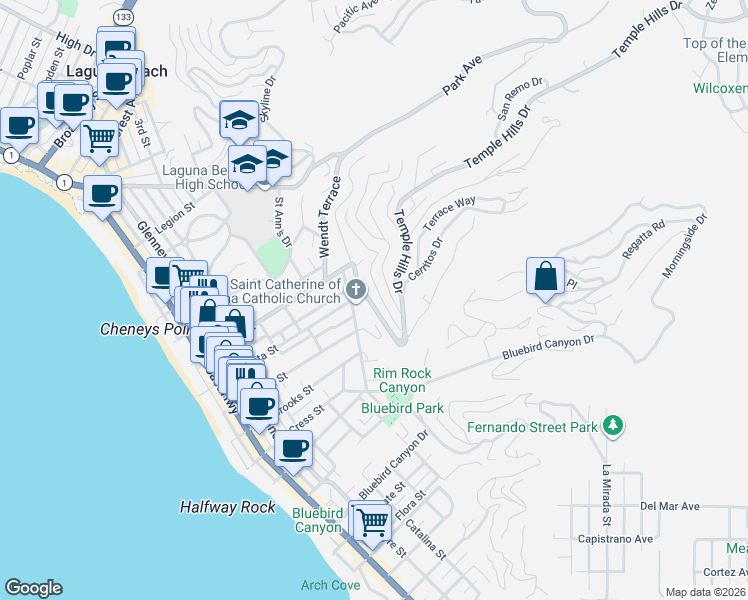 map of restaurants, bars, coffee shops, grocery stores, and more near 999 Coast View Drive in Laguna Beach
