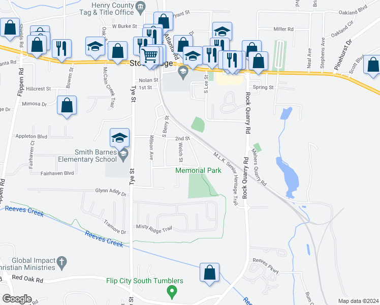 map of restaurants, bars, coffee shops, grocery stores, and more near 107 Jennings Way in Stockbridge