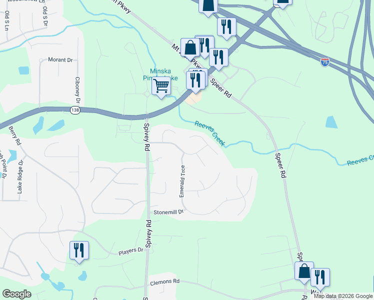 map of restaurants, bars, coffee shops, grocery stores, and more near 141 Spivey Glen Drive in Jonesboro