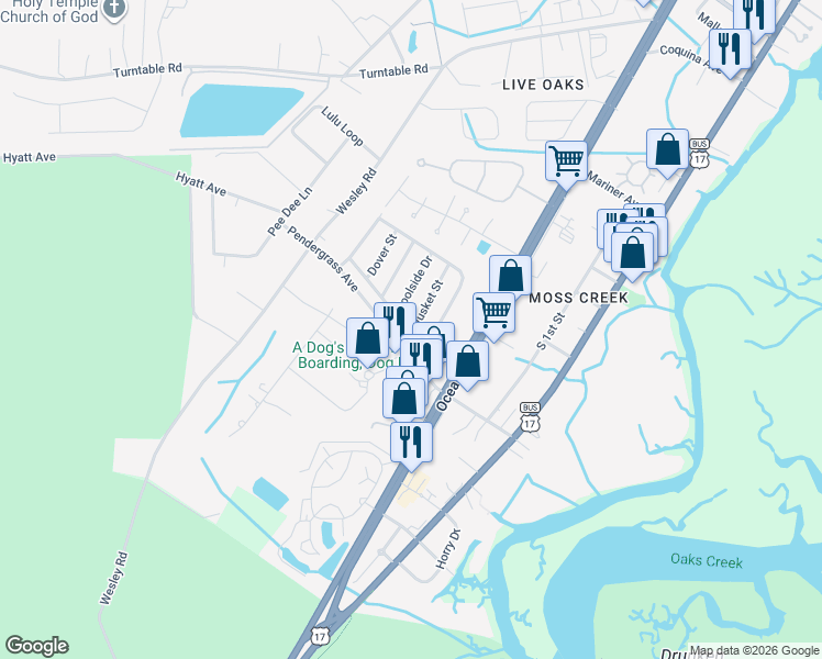 map of restaurants, bars, coffee shops, grocery stores, and more near 7 Musket Street in Murrells Inlet