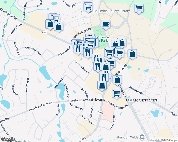 map of restaurants, bars, coffee shops, grocery stores, and more near 540 Pheasant Run Drive in Evans