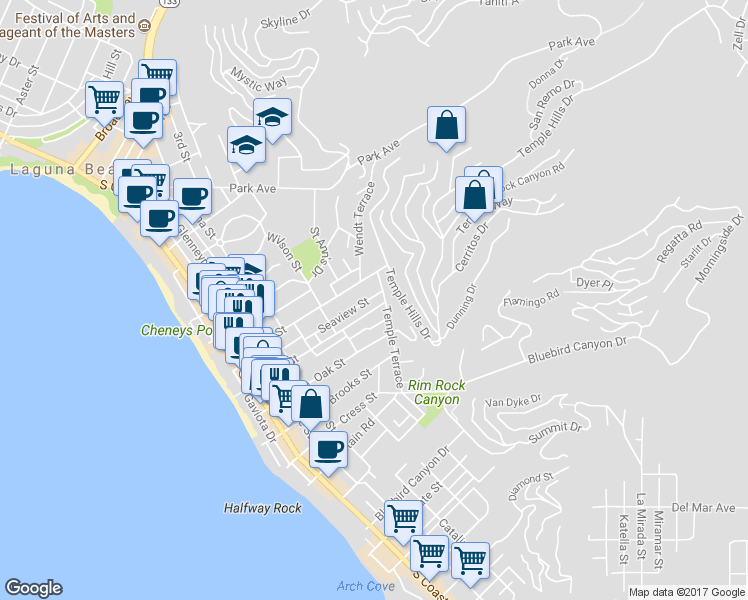 map of restaurants, bars, coffee shops, grocery stores, and more near 685 Seaview Street in Laguna Beach