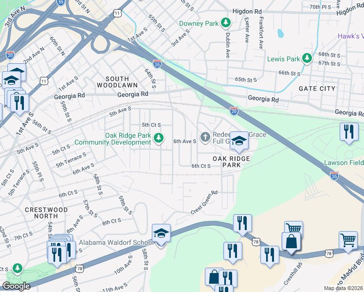 map of restaurants, bars, coffee shops, grocery stores, and more near 6514 6th Avenue South in Birmingham