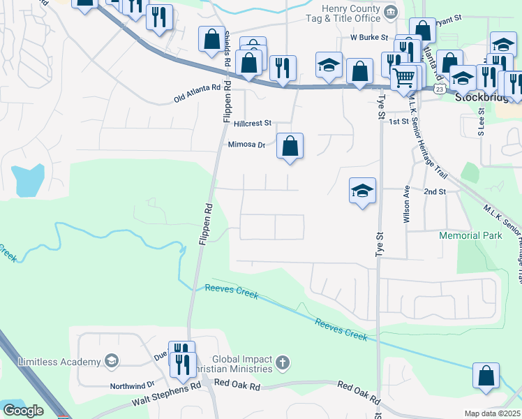map of restaurants, bars, coffee shops, grocery stores, and more near 513 Shefield Court in Stockbridge