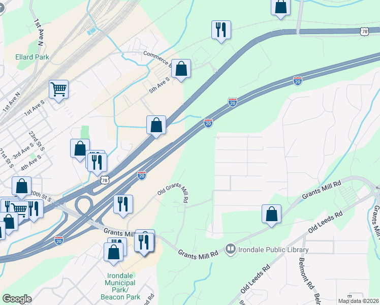 map of restaurants, bars, coffee shops, grocery stores, and more near Interstate 20 in Irondale