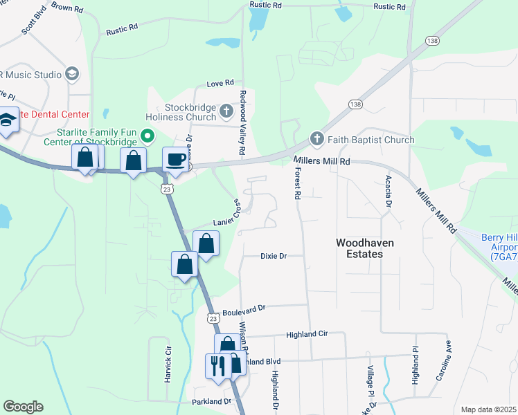 map of restaurants, bars, coffee shops, grocery stores, and more near 532 Glenwood Way in Stockbridge