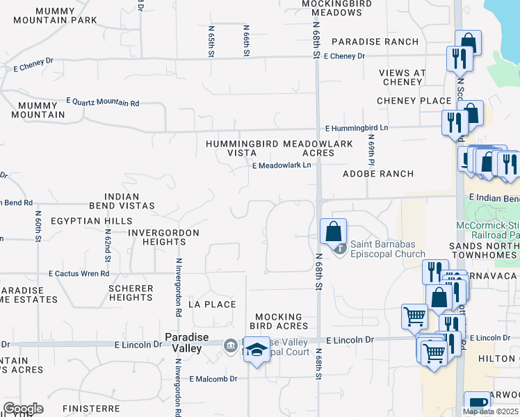 map of restaurants, bars, coffee shops, grocery stores, and more near 6644 East Indian Bend Road in Paradise Valley
