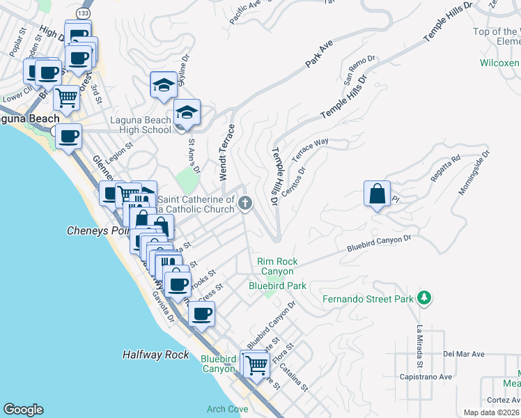 map of restaurants, bars, coffee shops, grocery stores, and more near 999 Coast View Drive in Laguna Beach