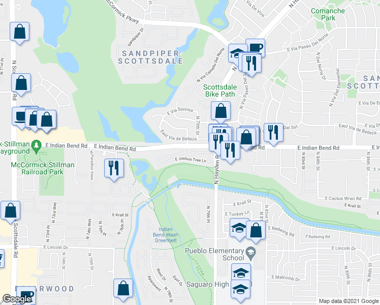 map of restaurants, bars, coffee shops, grocery stores, and more near 7904 East Pepper Tree Lane in Scottsdale