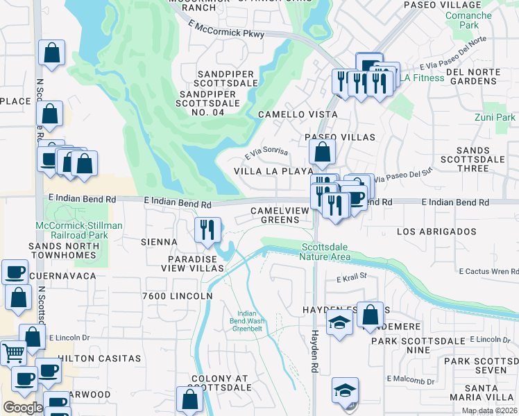 map of restaurants, bars, coffee shops, grocery stores, and more near 7805 East Vía de Belleza in Scottsdale
