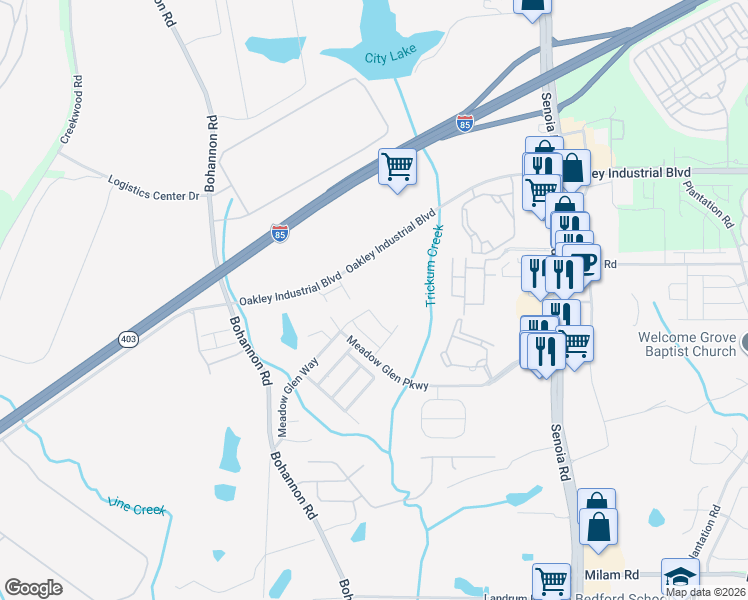 map of restaurants, bars, coffee shops, grocery stores, and more near 8032 Highland Parkway in Fairburn