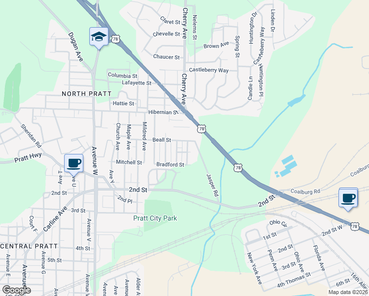 map of restaurants, bars, coffee shops, grocery stores, and more near 1612 Beall Street in Birmingham