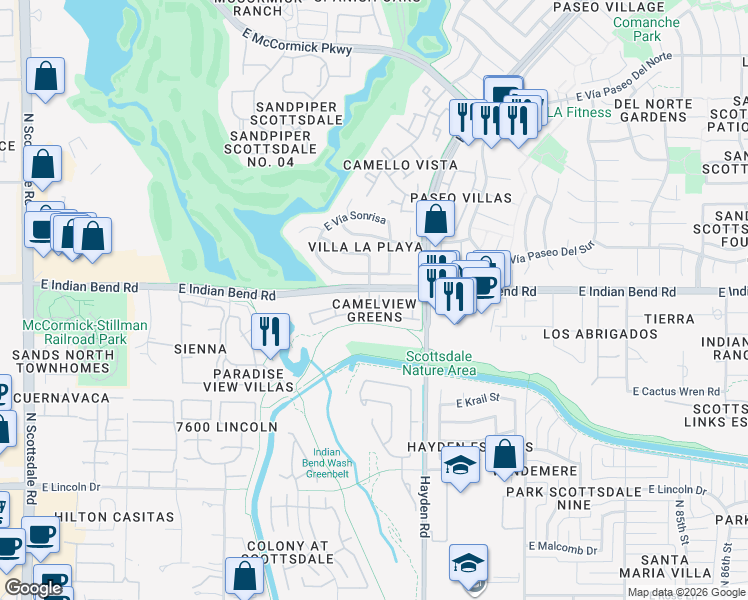 map of restaurants, bars, coffee shops, grocery stores, and more near 7904 East Pepper Tree Lane in Scottsdale