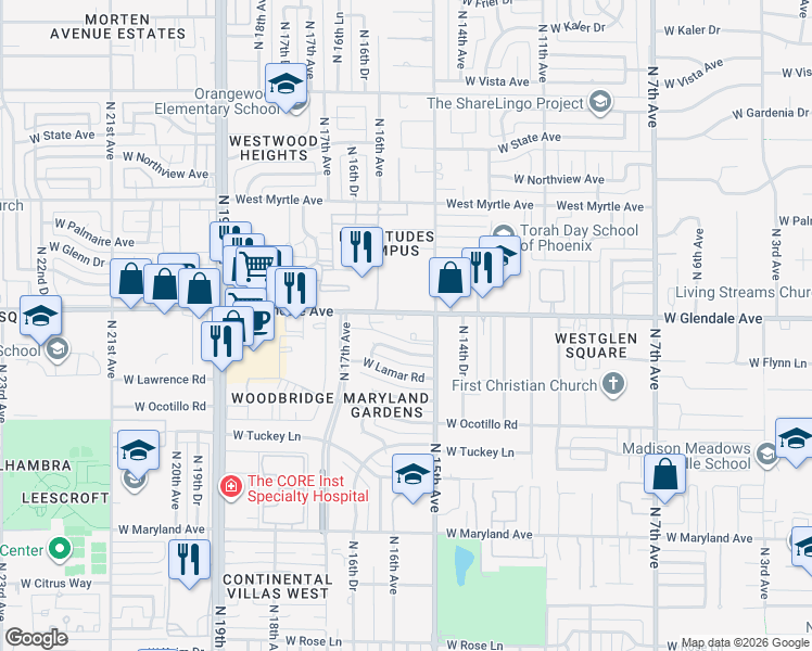 map of restaurants, bars, coffee shops, grocery stores, and more near 1526 West Glendale Avenue in Phoenix