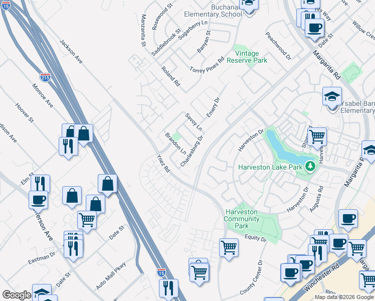 map of restaurants, bars, coffee shops, grocery stores, and more near 27446 Anselmo Way in Temecula