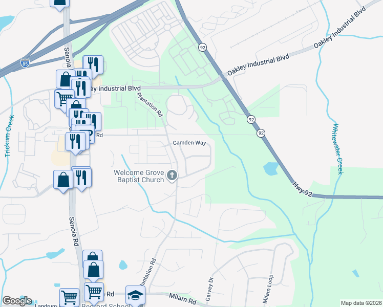 map of restaurants, bars, coffee shops, grocery stores, and more near 202 Fairgrove Lane in Fairburn
