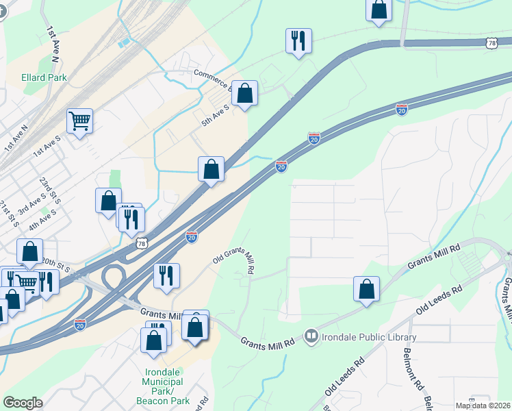 map of restaurants, bars, coffee shops, grocery stores, and more near Interstate 20 in Irondale