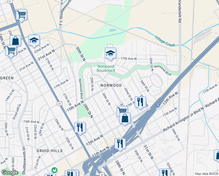 map of restaurants, bars, coffee shops, grocery stores, and more near 1501 31st Street in Birmingham