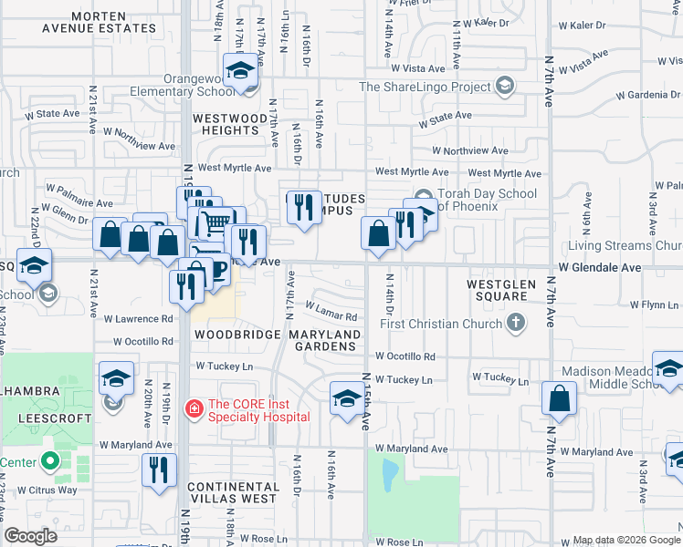 map of restaurants, bars, coffee shops, grocery stores, and more near 1526 West Glendale Avenue in Phoenix