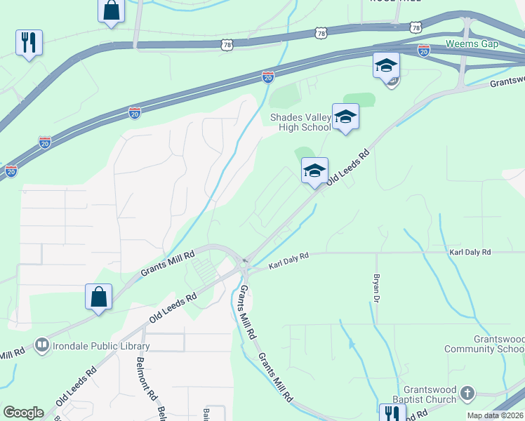 map of restaurants, bars, coffee shops, grocery stores, and more near 5946 Old Leeds Road in Irondale