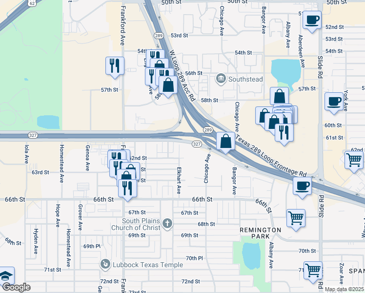 map of restaurants, bars, coffee shops, grocery stores, and more near 6103 Elkhart Avenue in Lubbock