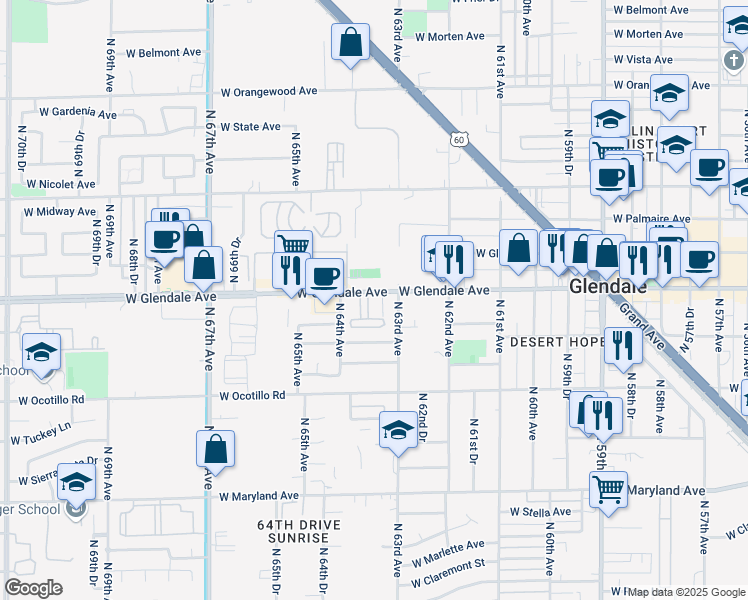 map of restaurants, bars, coffee shops, grocery stores, and more near in Glendale