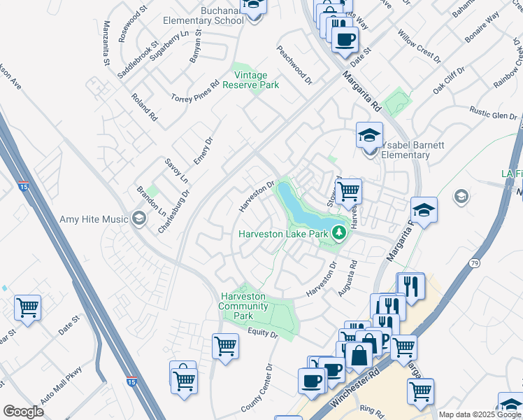 map of restaurants, bars, coffee shops, grocery stores, and more near 40147 Pasadena Drive in Temecula