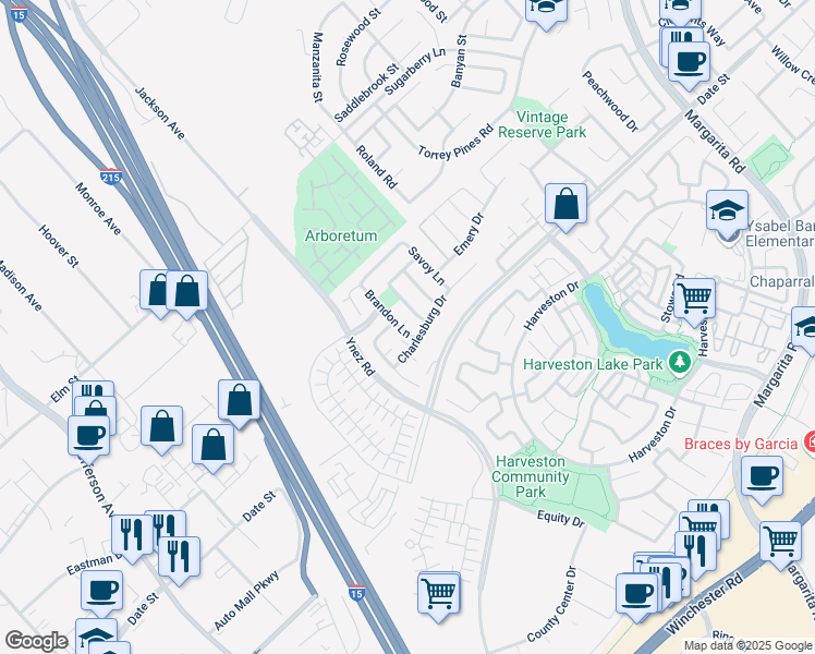 map of restaurants, bars, coffee shops, grocery stores, and more near 27426 Brandon Lane in Temecula