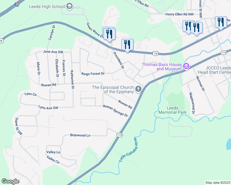 map of restaurants, bars, coffee shops, grocery stores, and more near 7257 Cahawba Lane in Leeds