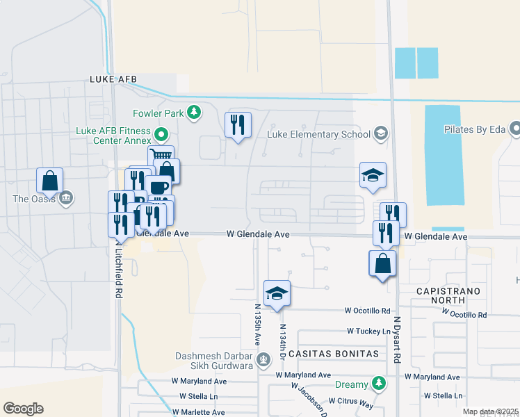 map of restaurants, bars, coffee shops, grocery stores, and more near Apache in Glendale